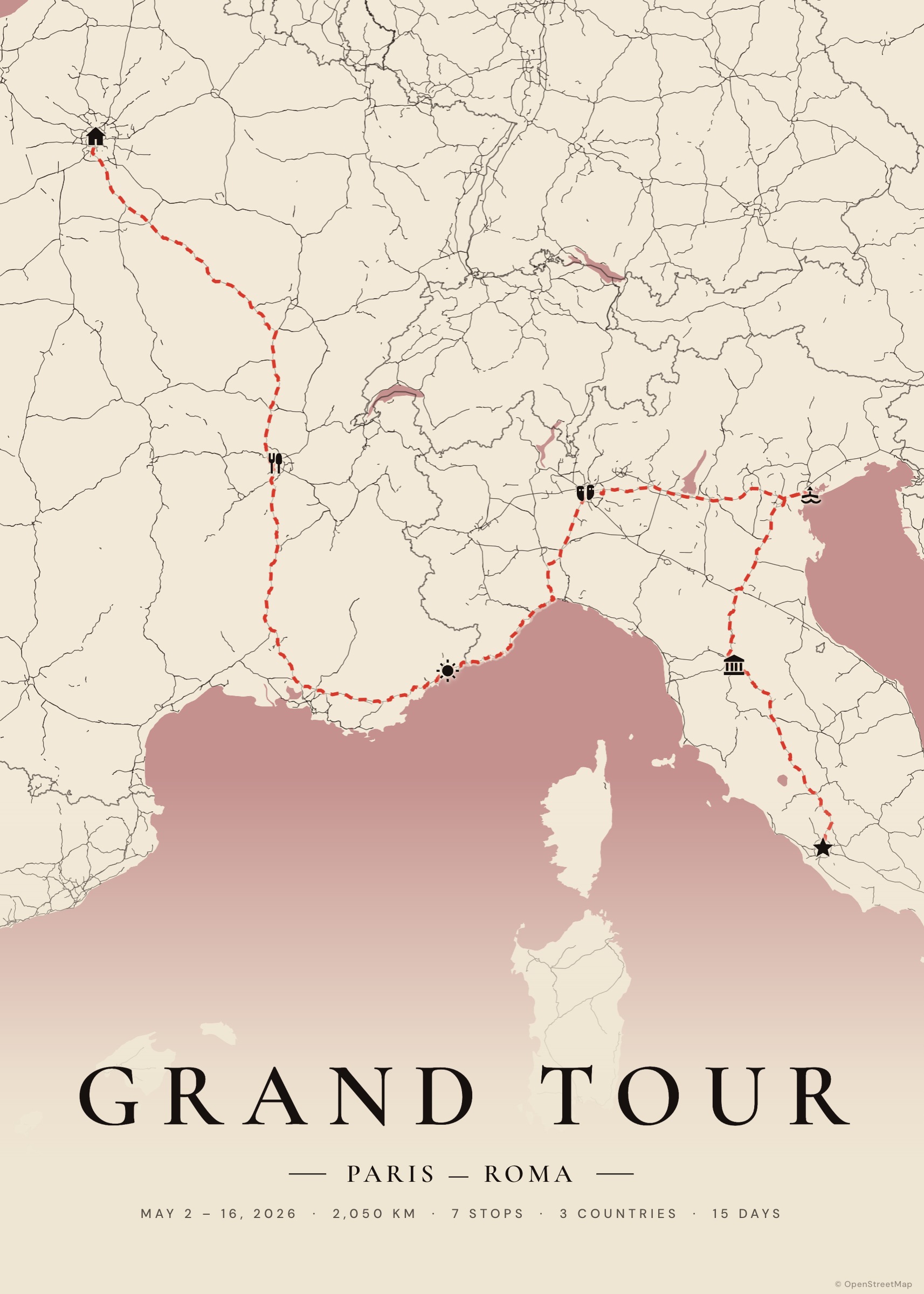 Grand Tour: Paris to Rome map poster