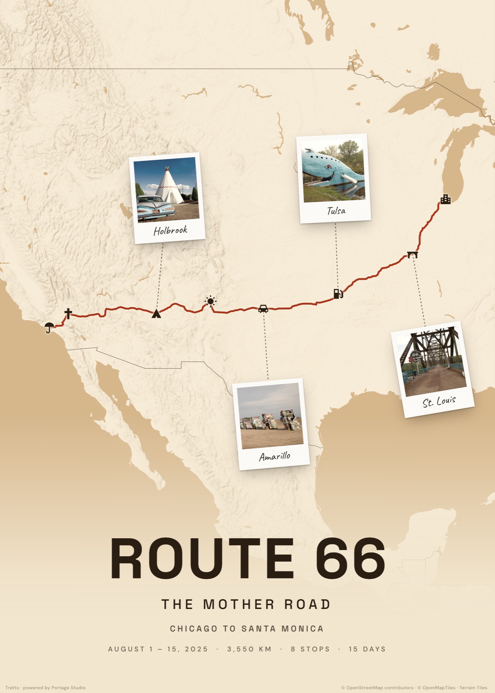 Route 66 map poster: Chicago to Santa Monica